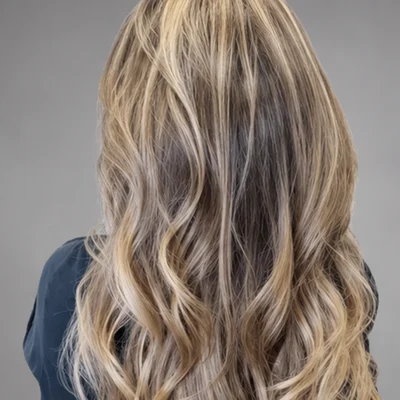 Long blonde balayage with soft waves by Moochies